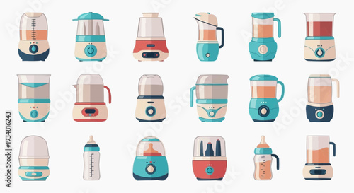 Assorted collection of baby food makers, sterilizers, and blenders displayed in a grid arrangement. The images showcases a variety of kitchen appliances designed for preparing baby food