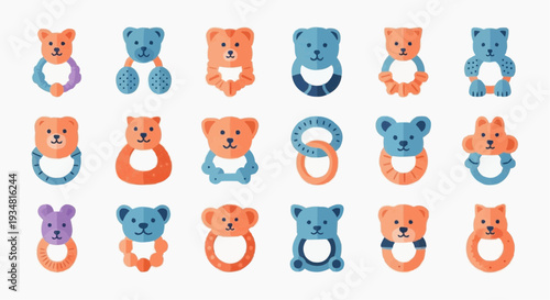 A collection of various baby rattle toys arranged in an appealing pattern, each crafted in the shape of a charming bear