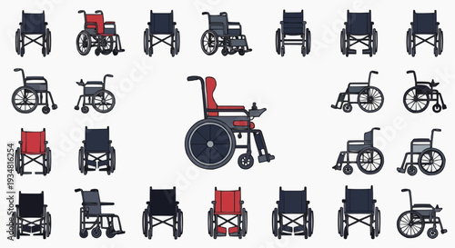 An array of wheelchairs, showcasing various designs and functionalities, highlighting mobility aids