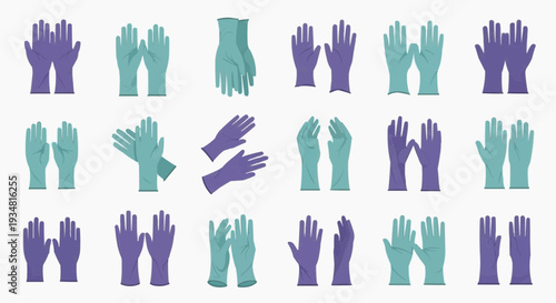 A collection of various blue and green gloves arranged on display