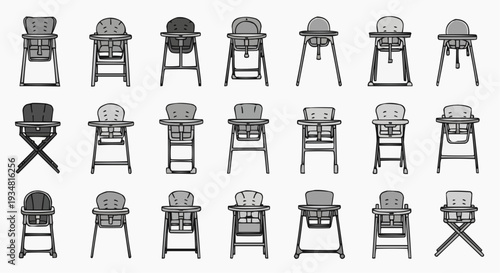 A collection of various styles of baby high chairs arranged in a grid