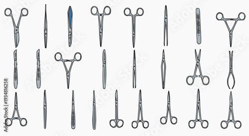 A collection of surgical instruments arranged against a surface