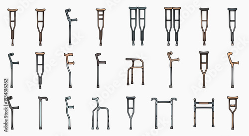 Assortment of crutches, representing a variety of designs and functionality for supporting mobility and aiding recovery