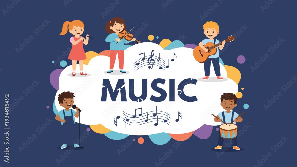 Fototapeta premium Diverse group of children performing music with various instruments like guitar, violin, and drums while singing on a stage with a band.