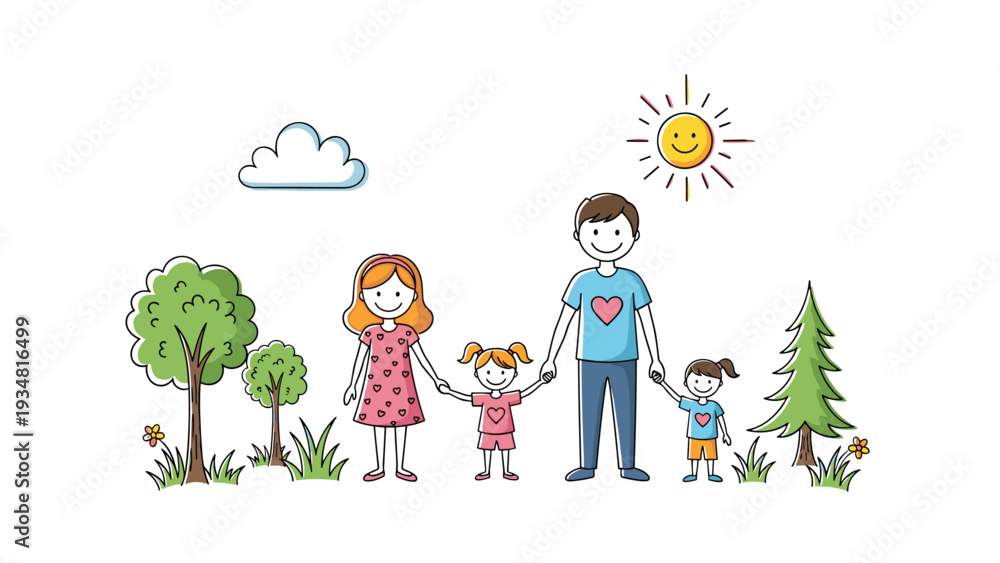 Fototapeta premium Happy family with parents and two young daughters walking together in a sunny green park with trees, grass, and a smiling sun in the sky.