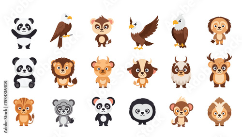 Extensive collection of eighteen adorable cartoon animal faces including pandas, lions, monkeys, and wise owls.