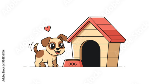 Adorable brown and white puppy standing happily next to its wooden doghouse and a red food bowl outdoors.