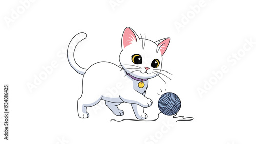 Adorable small white kitten with big dark eyes playing with a ball of blue yarn on a plain white background.