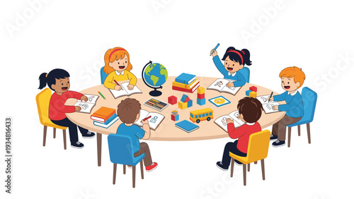 Group of diverse children sitting around an oval table engaged in reading, writing, and various school activities.