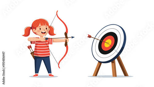 Young girl smiling as she successfully hits the bullseye of a target while practicing archery with a red bow.