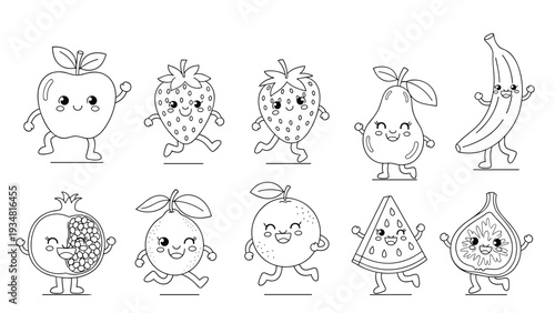 Set of cute cartoon fruits with happy faces for children coloring book featuring apple, strawberry, banana, pear, lemon, and watermelon.