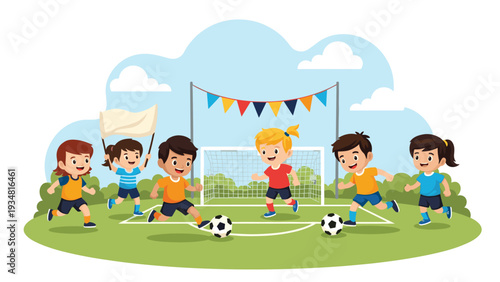 Diverse group of young children playing soccer together on a bright green field with a goalpost, colorful flags, and blue sky in the park.