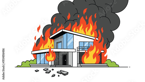 Two-story modern white house engulfed in bright orange flames and thick black smoke representing a devastating domestic fire disaster.