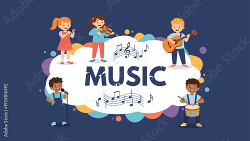 Diverse group of children performing music with various instruments like guitar, violin, and drums while singing on a stage with a band.