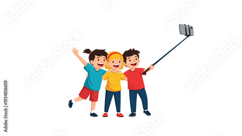 Three diverse and happy young children posing together and taking a fun selfie using a modern smartphone on a long black selfie stick.