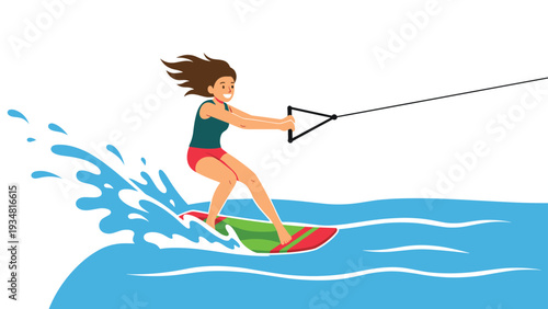 Athletic young woman in a green swimsuit enjoying water skiing on a bright blue sea with splashing water and waves in a sunny summer day.