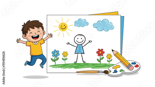 Joyful young boy jumps high in the air next to his vibrant drawing of a happy stick figure, bright sun, and blooming flowers.