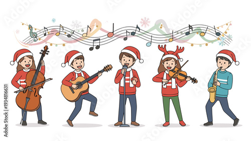 Group of cheerful children wearing Santa hats and holiday sweaters perform music with a cello, guitar, violin, and saxophone.