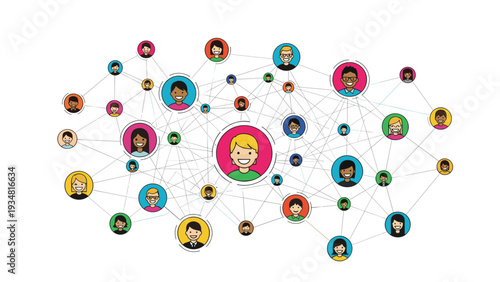 Diverse group of people icons connected by a complex network of lines illustrating social connectivity and professional teamwork.