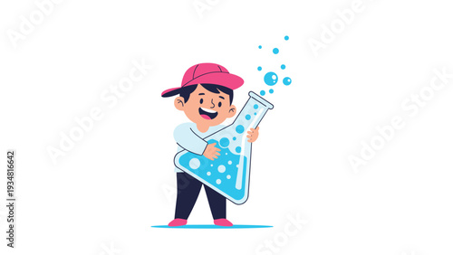 Excited little boy wearing a pink cap holds a large laboratory flask filled with bubbling blue liquid during a science experiment.