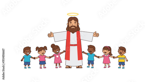 Jesus Christ stands with open arms while surrounded by a diverse group of happy children holding hands in a peaceful scene.