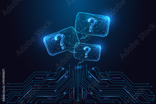 AI Support Question Bubbles with Circuit Board Base. Digital Assistance Vector Illustration