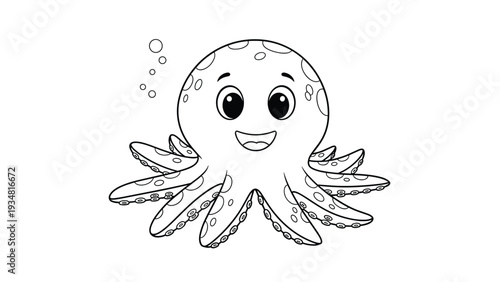Simple black and white line art of a smiling octopus with spots and bubbles designed as a fun coloring page for creative kids.