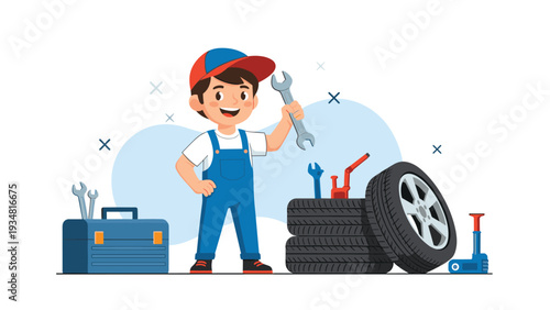 Young boy dressed as a professional mechanic holds a large wrench while standing next to a stack of tires and a blue toolbox.
