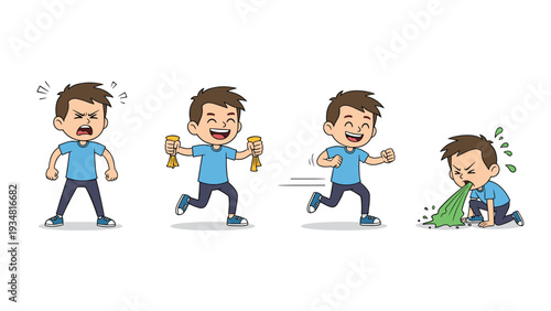 Sequence of illustrations shows a young boy experiencing different physical states from being angry to running and vomiting.