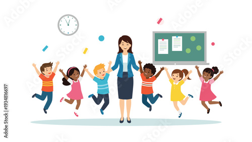 Energetic teacher stands with her diverse group of students who are jumping for joy in a bright and welcoming classroom interior.