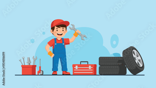 Little boy mechanic wearing a red cap and blue overalls holds up a wrench next to a set of tires and various repair tools.