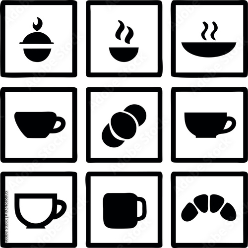 Collection of various coffee and bakery icons in black