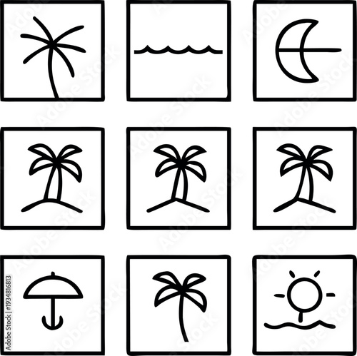 Collection of various beach icons including palm trees, sun, moon, and waves in simple line art style