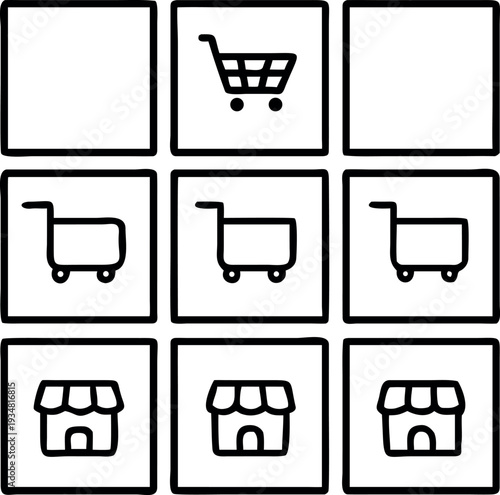 Collection of shopping cart and store icons in black outline