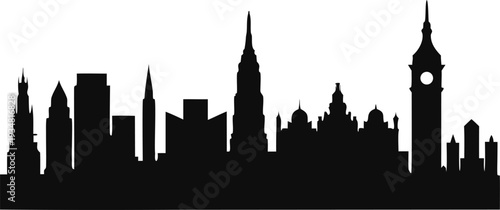  New York and London city skyline silhouettes with famous landmarks isolated on white background