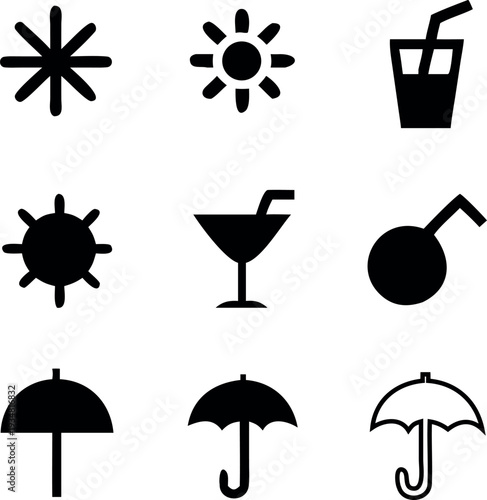 Summer vacation icons including sun, umbrella, cocktail and