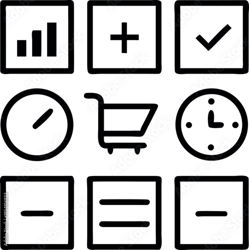 Collection of various black and white icons on a pure for design and interface use