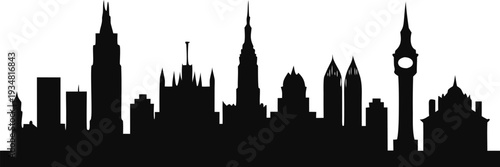  New York and London city skyline silhouettes with famous landmarks isolated on white background