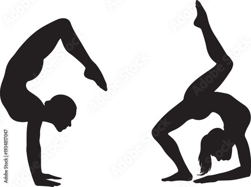 Two women contortionist exercising gymnastic yoga silhouette vector