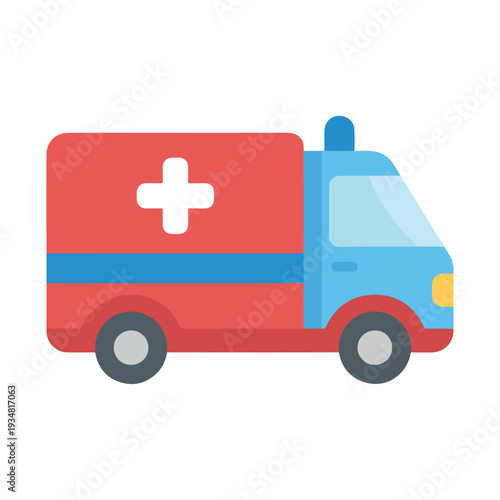 A flat design vector illustration of a red and blue ambulance with a white medical cross on its side, viewed from the side.