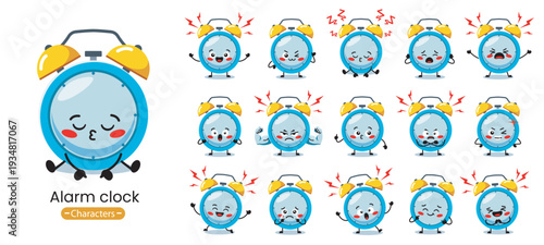 Cartoon Alarm Clock Set with Characters Expressing Various Emotions and Poses