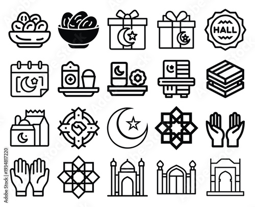 Ramadan Icons Collection: A beautifully curated collection of symbolic icons related to Ramadan. These graphics offer a clean and versatile design.