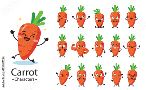 Kawaii Cartoon Characters Carrots with Various Emotions, Expressions and poses