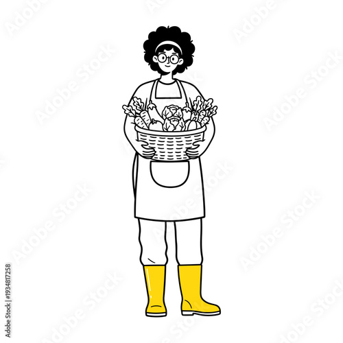 Hand drawn illustration of a smiling woman gardener holding a fresh vegetable basket