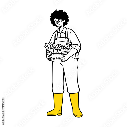Hand drawn illustration of a gardener holding a basket of fresh organic vegetables.