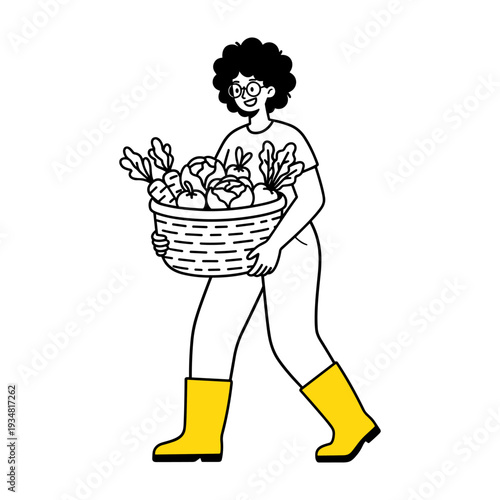 Smiling hand drawn style illustration of a person carrying a basket of fresh harvest