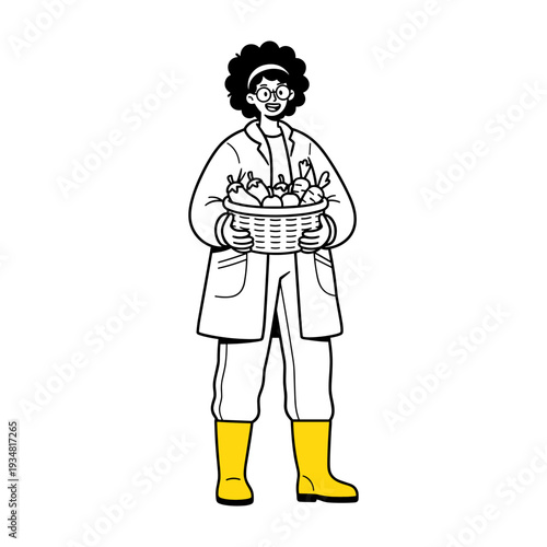 Hand drawn style illustration of happy woman holding basket of fresh farm vegetables