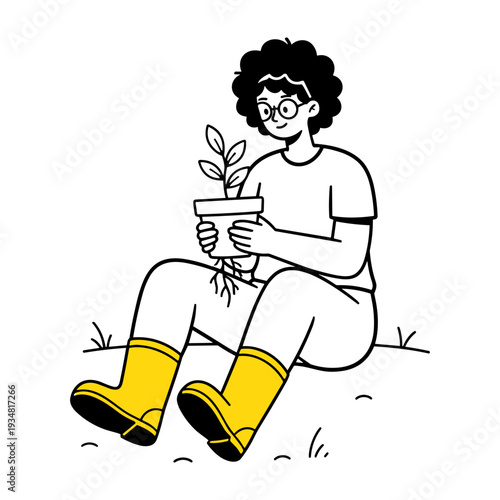 Doodle style hand drawn illustration of person holding a potted plant with visible roots