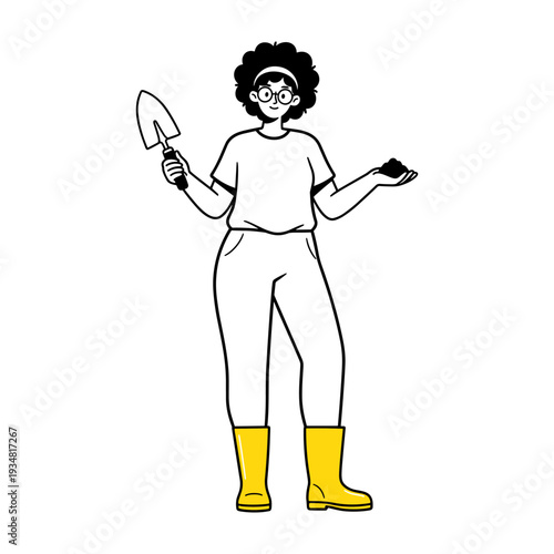Hand drawn illustration of a woman holding a gardening trowel and soil for planting
