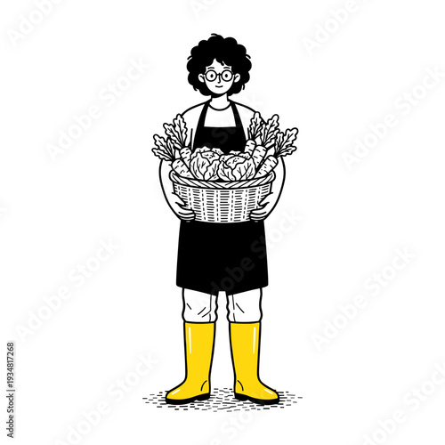 Hand drawn style illustration of a gardener holding a full basket of fresh vegetables.
